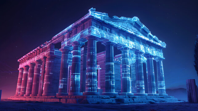 Futuristic parthenon illuminated with vibrant neon lights, showcasing a blend of ancient architecture and modern technology in a captivating display