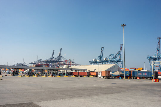 port of manzanillo, entrance to the port of manzanillo, trucks waiting to be loaded. Manzanillo, Colima, Mexico, March 29, 2024.