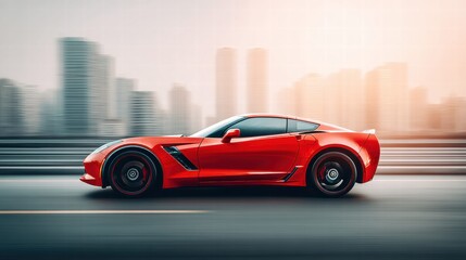 Obraz premium Red sports car speeding down a highway with a blurred city background.