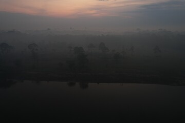 Misty morning landscape by a river in the Amazon region at dawn