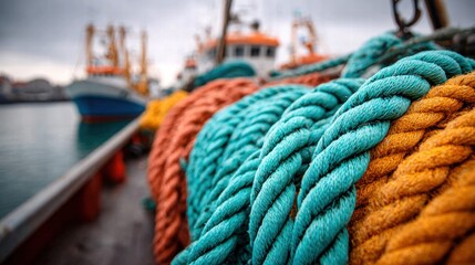 Fototapeta premium Close-up of colorful ropes on a fishing boat