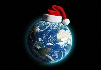 Planet earth wearing a santa hat in space, symbolizing a global christmas celebration and holiday spirit
