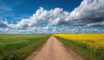 Country road through vibrant fields under a dramatic sky