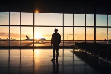 Fototapeta premium Airplane flying airport silhouette standing.