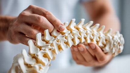 Hands holding a model of a human spine