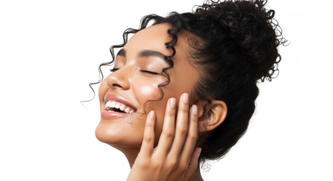 A woman with curly hair closed her eyes and smiles, touching her face isolated on transparent background