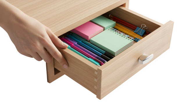 Open drawer with stationery isolated on white background.