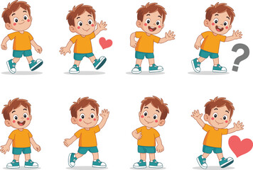 Cute cartoon boy character set with happy emotions, walking, waving, smiling, posing, playful gestures, love, question, fun illustration