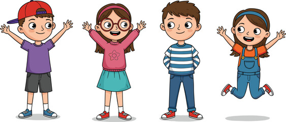 Group of cartoon kids standing together with happy expressions, boys and girls smiling, jumping, playful childhood, friendship, fun character illustration