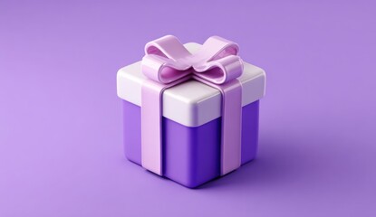 A vibrant purple gift box with a pink ribbon bow
