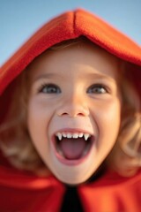 Joyful child in vibrant red hood, displaying playful fangs, smil
