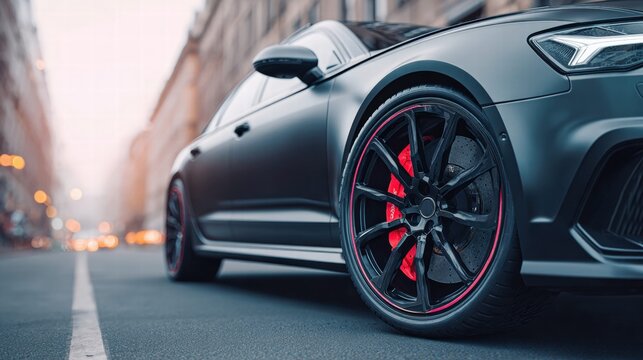 Sleek black car with red accents parked on a city street