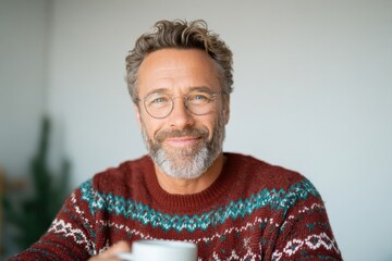 Warm smile from man in cozy sweater enjoying cup of coffee indoo
