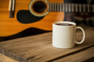 Harmony Brew: An inviting cup of dark coffee sits serenely on a rustic wooden surface, with a vintage acoustic guitar providing a soulful backdrop, hinting at a moment of creative contemplation.