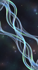 Wallpaper with abstract swirling blue and green light trails in dark space
