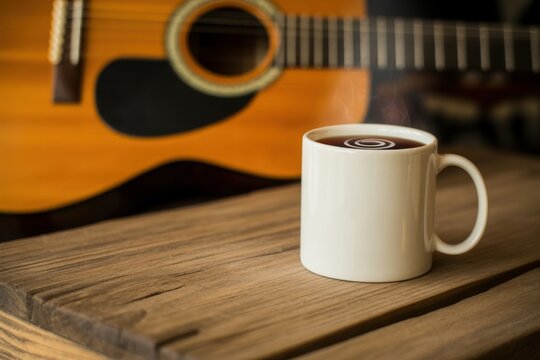 Harmony Brew: An inviting cup of dark coffee sits serenely on a rustic wooden surface, with a vintage acoustic guitar providing a soulful backdrop, hinting at a moment of creative contemplation.