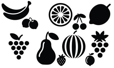 A  set of fruits and vegetables illustration including apple, banana, orange, strawberry, lemon, pear, pineapple, cherry, and grape icons for healthy food vector symbol