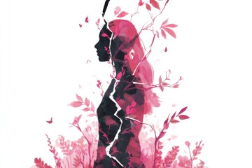 Silhouette of woman intertwined with vibrant pink foliage, symbo