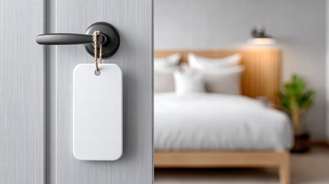 Blank door tag hanging on a door handle in a modern hotel room.