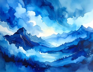 A vibrant, ethereal landscape of mountains and clouds.  Soft blues and whites blend into a dreamlike valley.  Stars speckle the sky