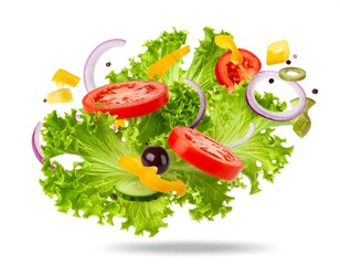 Fresh salad ingredients in mid-air