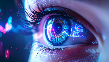 Cyber Eye: A macro view into a cybernetic eye, the iris reflecting glowing data streams, suggesting a future of artificial intelligence, digital connection, and technological advancement.