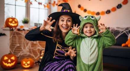 Obraz premium Joyful mother and child in Halloween costumes, witch and frog, playfully scaring for spooky holiday fun with jack-o'-lanterns and festive decorations creating a magical, memorable family experience.