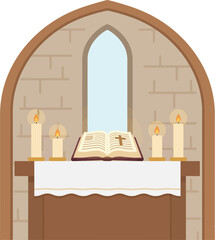 Open Bible with cross on altar, surrounded by lit candles, representing spiritual worship, faith, prayer and Christian religious ceremony.