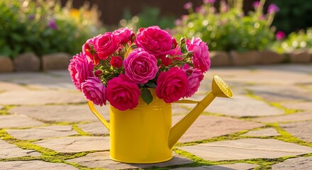 Vibrant pink roses cascade from a sunny yellow watering can outdoors