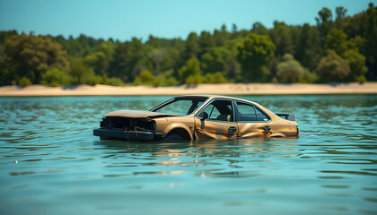 Fototapeta premium A car is floating in a body of water
