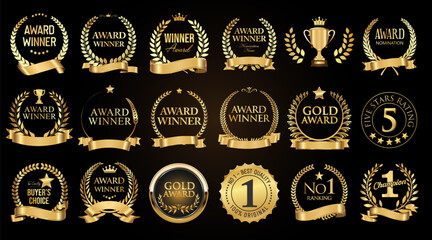 Award Winner emblem collection of gold laurel and gold emblem with text isolated on black background tock illustration 