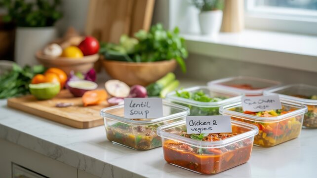 Meal prep containers with healthy food chicken veggies lentil soup for weekday meals on kitchen counter