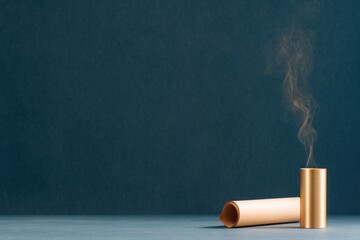 Soft smoke rises from metallic tubes against deep blue backdrop,