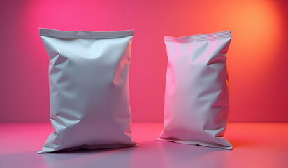 Two white chips packaging mockup on surface with neon light
