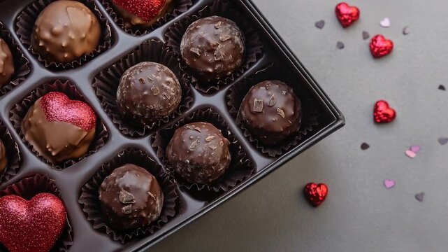 A box of chocolates with a heart-shaped decoration, perfect for Valentine's Day or any romantic occasion