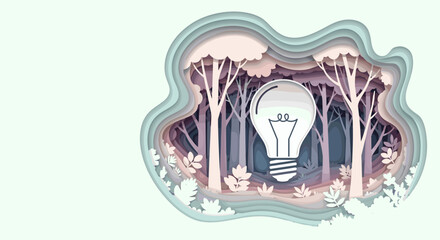 Nature illustration featuring light bulb surrounded by trees and foliage in a serene forest setting. Eco-friendly design highlights energy saving concepts, promoting sustainability and awareness.