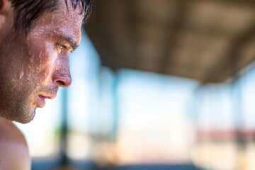 Intense focus captured in moment of determination and sweat, sho
