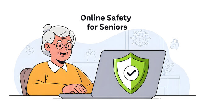 Empowered senior enjoys secure online experience with modern laptop, protected by cutting-edge cybersecurity software, ensuring digital safety and peace of mind - Powered by Adobe