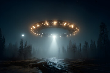 A massive glowing UFO hovers above a foggy forest road at night, casting an eerie beam of light onto the ground in a mysterious sci-fi scene.  
