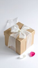 Gift box with white ribbon and rose petals