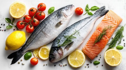 Fresh seafood arrangement with fish, salmon, tomatoes, and lemons.