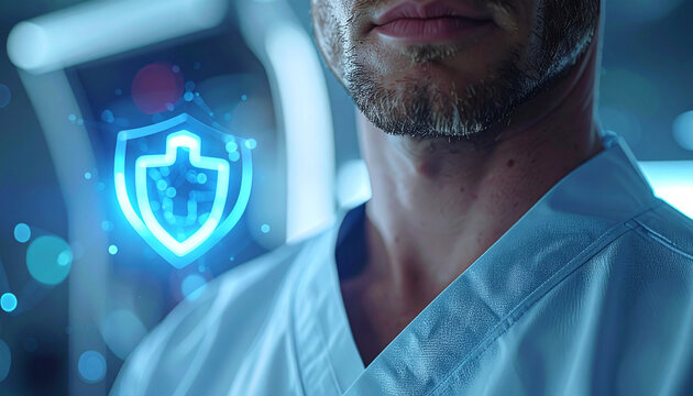 Medical Protection: A doctor in scrubs stands confidently in a clinical setting, with a digital shield symbol overlayed, representing healthcare, protection.