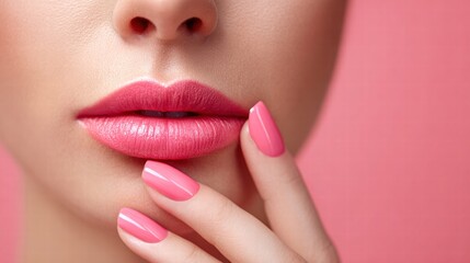 Fototapeta premium Close-up of a woman's face with pink lipstick and matching nail polish.