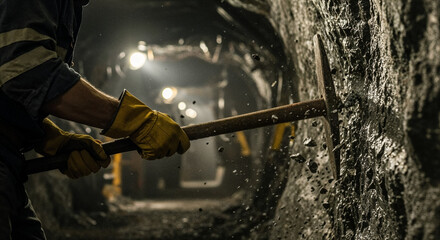 Miner striking rock with pickaxe in dim mine, debris flying, earthy rugged environment