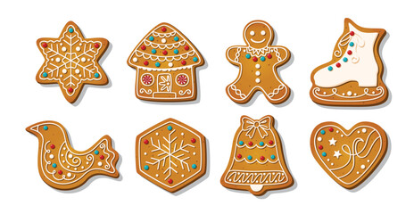 Christmas Gingerbread cookies for xmas celebration. Winter homemade sweets and biscuit in festive shapes isolated on white background. Cute flat desserts. Cartoon vector illustration