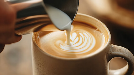Latte Art Creation: Creamy milk being poured into a cup of coffee, creating a beautiful latte art design. Perfect morning coffee.