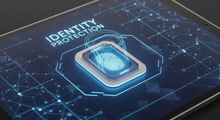 Futuristic fingerprint scan on tablet, offering secure identity protection and data privacy, embodying modern digital security solutions and biometric technology