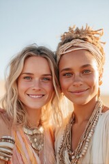 Two joyful friends smiling together in sunlit outdoor setting, a