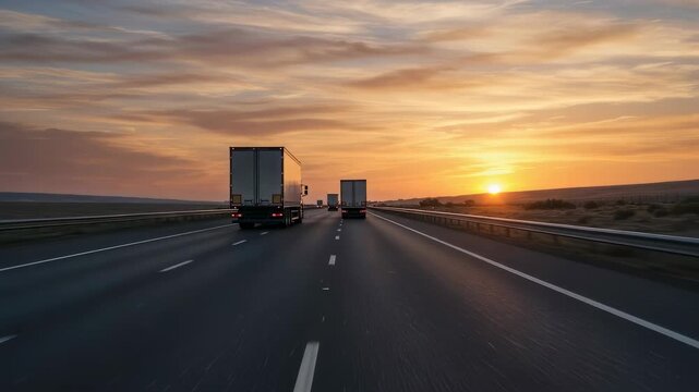 White trucks driving on highway at sunset or sunrise creating a road trip and transportation concept motion footage.