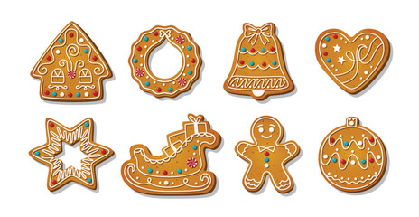 Christmas Gingerbread cookies for xmas celebration. Winter homemade sweets and biscuit in festive shapes isolated on white background. Cute flat decorated desserts. Cartoon vector illustration
